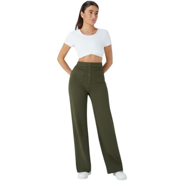 Halara High Waisted Straight Leg Casual Pants Size L Olive Green Stretch Pockets - Picture 16 of 16